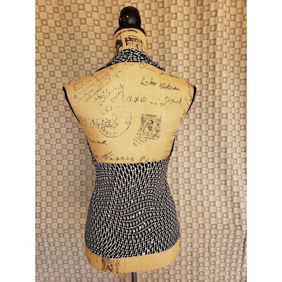 Women's Black and White Satin Halter Top Stretch Dressy Blouse Large - Picture 4 of 7